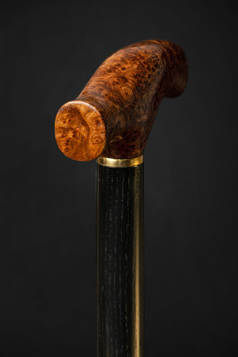 Elegant Derby Walking Stick with Burl Wood Handle and Brass Collar
