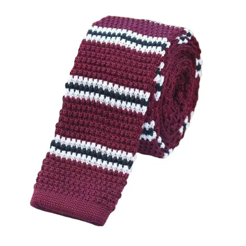 Wine Red Striped Knit Tie for Classy Men