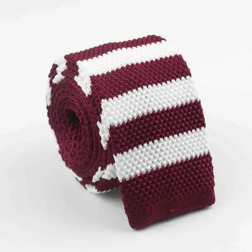 Red and White Striped Knit Tie for Men - Elegant Square Design
