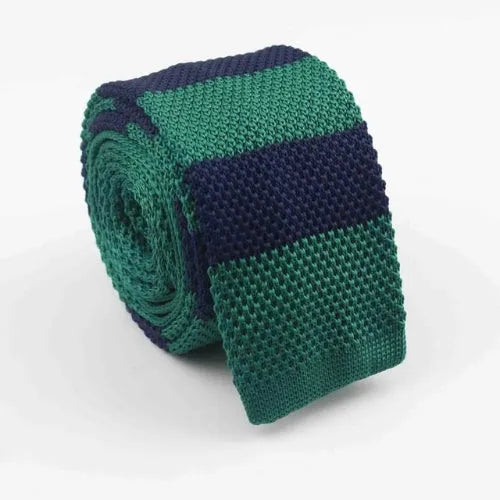 Mens Green and Blue Striped Knit Tie - Classic Square Style