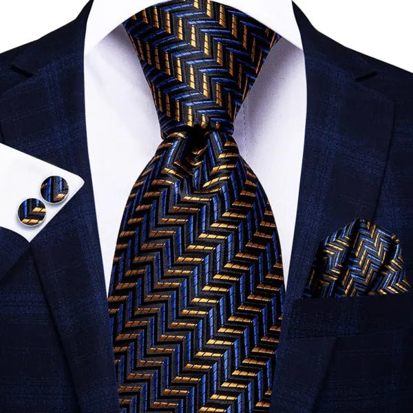 Midnight Blue Silk Tie with Gold Stripes - Classy Mens Accessory