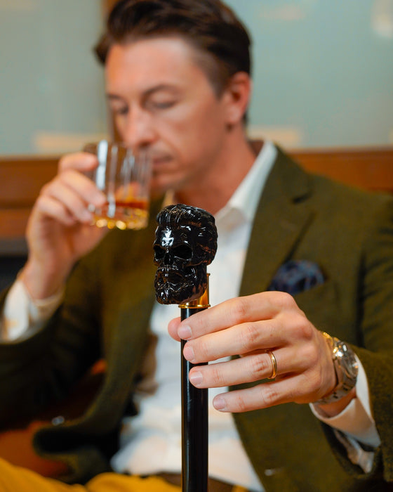 Awesome Walking Cane with Sculpted Black Skull Handle