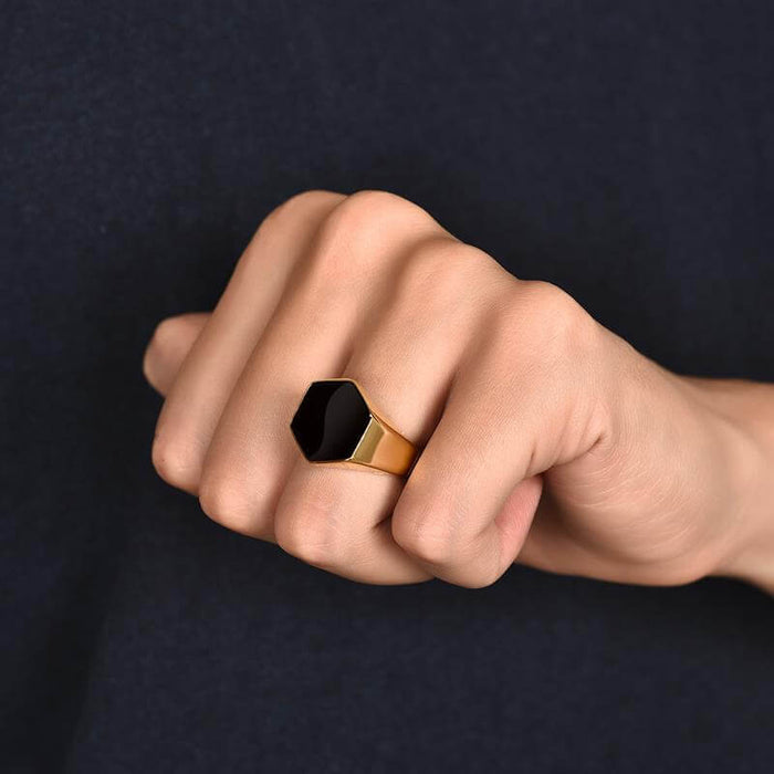 Hexagonal Agate Gold Ring Men's Accessory