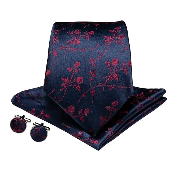 Navy Blue Silk Tie with Red Rose Design - Classy Mens Accessory
