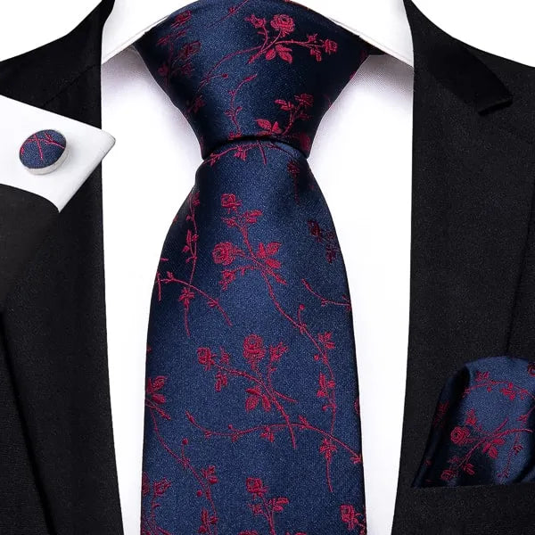 Navy Blue Silk Tie with Red Rose Design - Classy Mens Accessory
