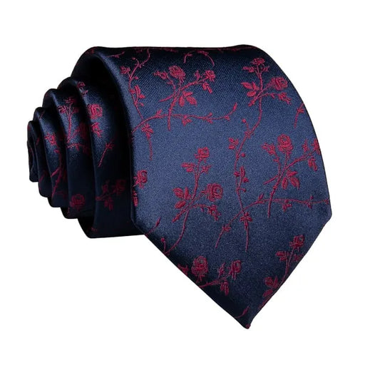 Navy Blue Silk Tie with Red Rose Design - Classy Mens Accessory