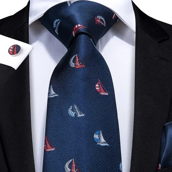 Navy Blue Sailboat Silk Tie for Classy Men