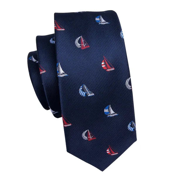 Navy Blue Sailboat Silk Tie for Classy Men