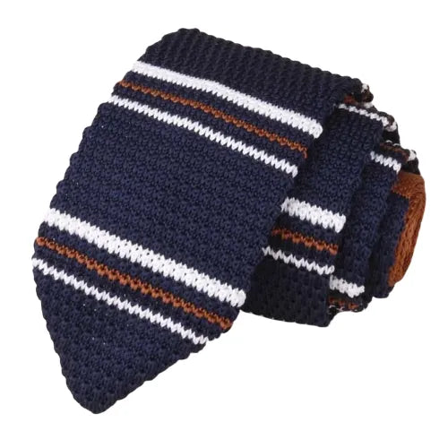 Navy Blue Brown Striped Knitted Tie for Classy Men