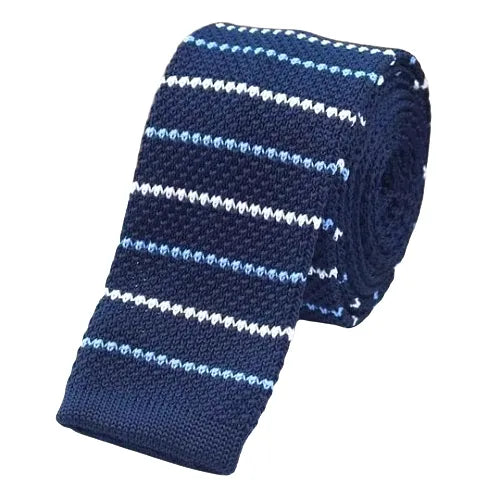 Blue Thin Striped Knit Tie for Men - Classy Square Design