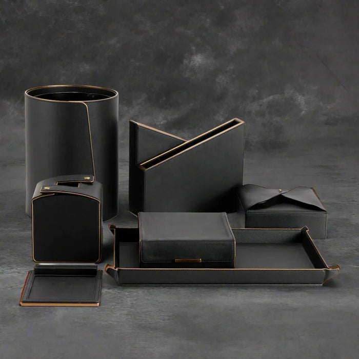 Modern Black Desk Organizer Set – Rose Gold & Vegan Leather