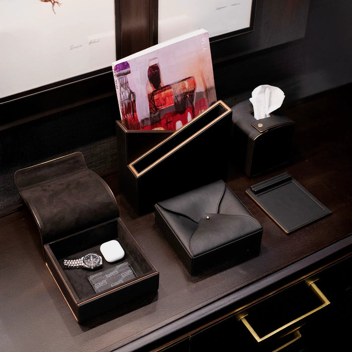 Modern Black Desk Organizer Set – Rose Gold & Vegan Leather