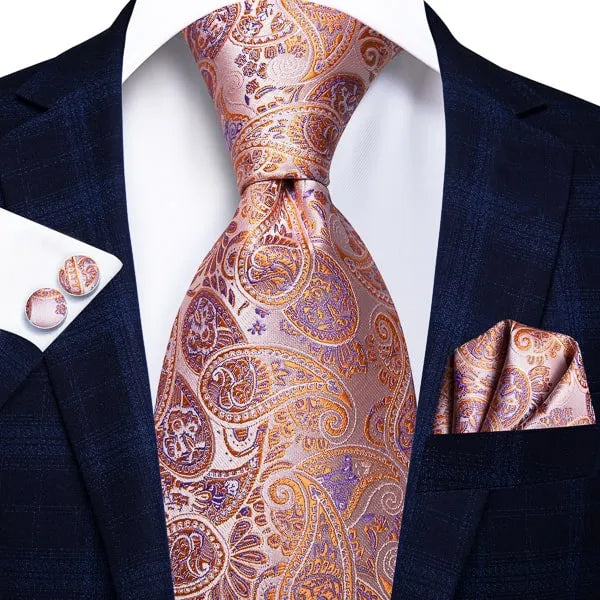Silk Tie for Men in Orange and Purple Paisley Design - Classy Accessory