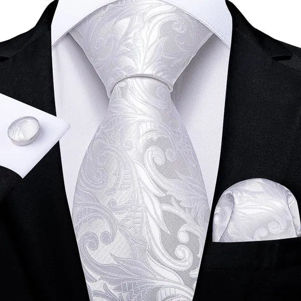 Pure White Floral Silk Tie for Men - Elegant Accessory for Formal Occasions