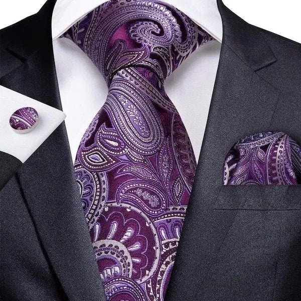 Silk Tie for Men - Purple and White Paisley Design