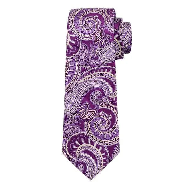 Silk Tie for Men - Purple and White Paisley Design