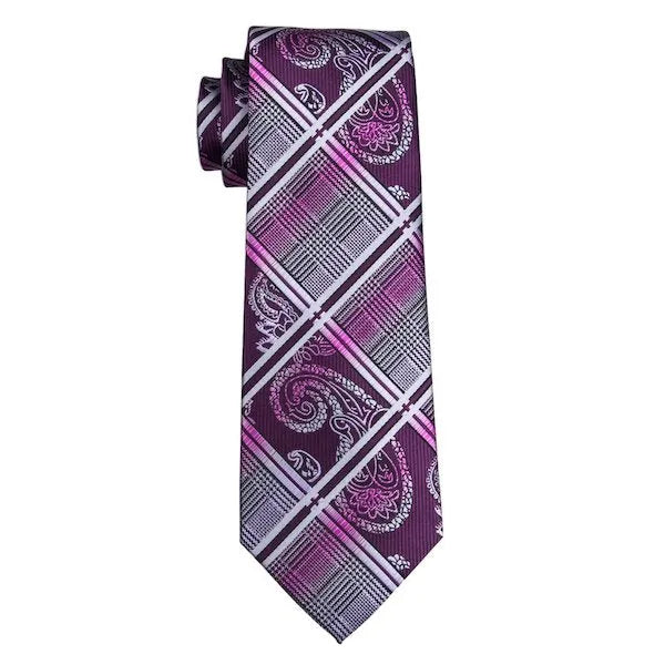 Classy Men Purple Paisley Striped Tartan Silk Tie