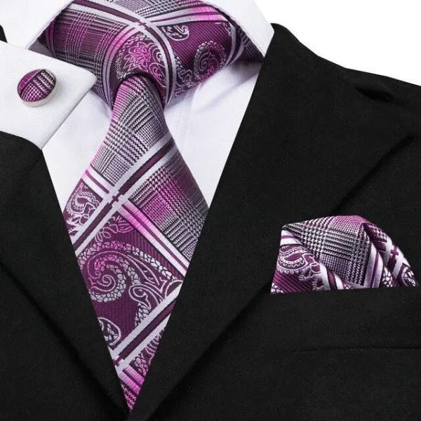 Classy Men Purple Paisley Striped Tartan Silk Tie