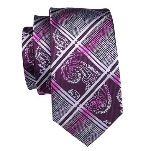 Classy Men Purple Paisley Striped Tartan Silk Tie