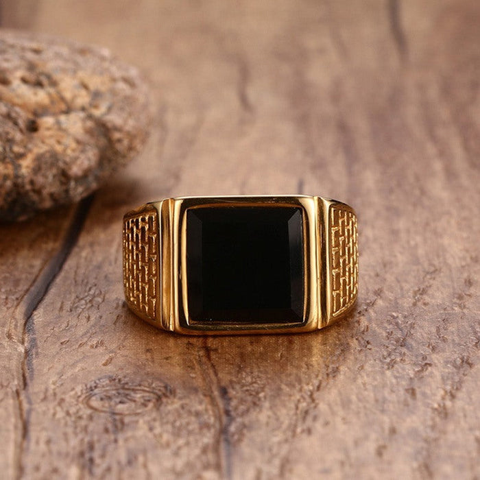 Men's Stainless Steel Black Onyx Gold Ring