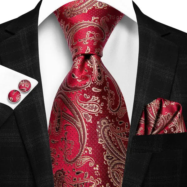 Elegant Red and Gold Paisley Silk Necktie for Men