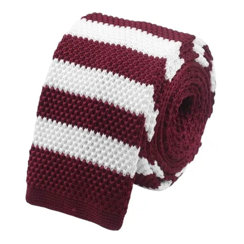 Red and White Striped Knit Tie for Men - Elegant Square Design