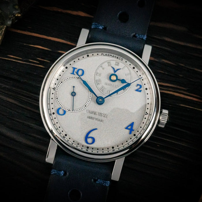 Handmade Dual Time Luxury Watch – New York-London Silver Dress Watch