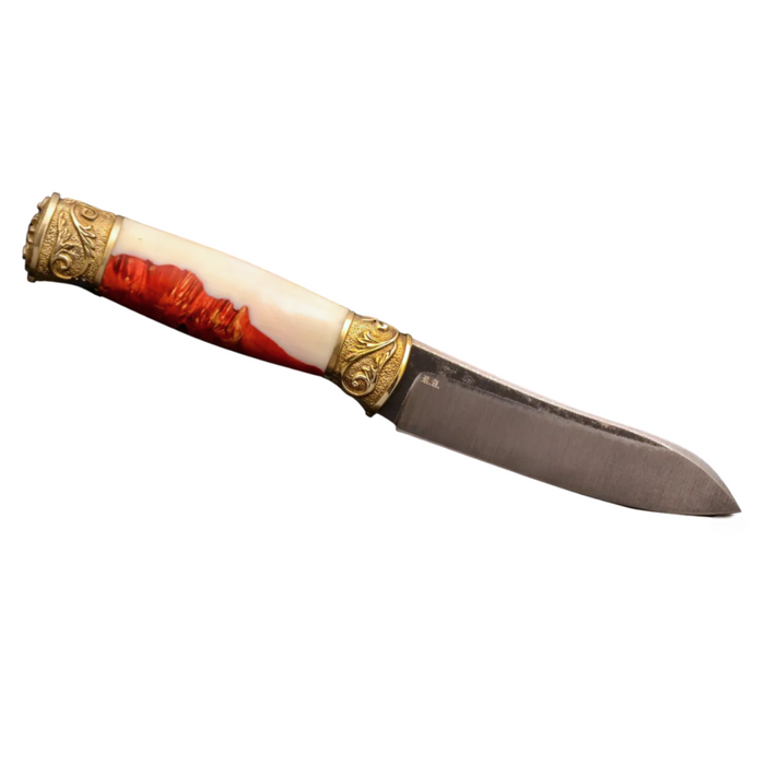 Couteau en acier Damas avec manche en bois hybride époxy rouge