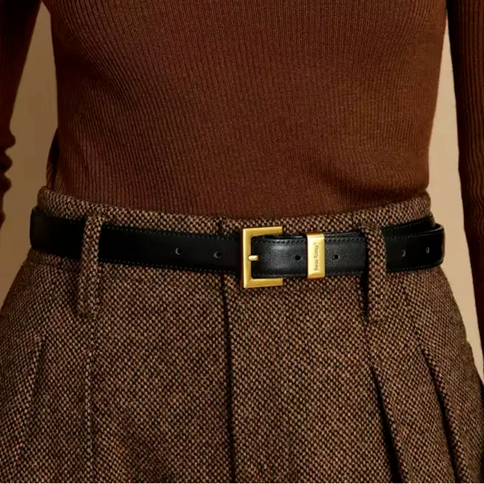 AuraGlow Luxe Waist Belt – Golden Buckle Cowhide Elegance