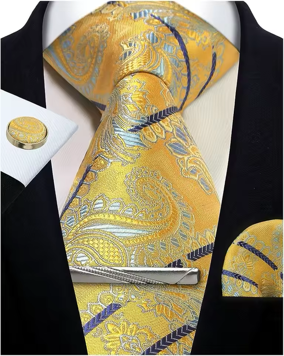 Cravate en soie pour homme à motif cachemire jaune et blanc, accessoire élégant
