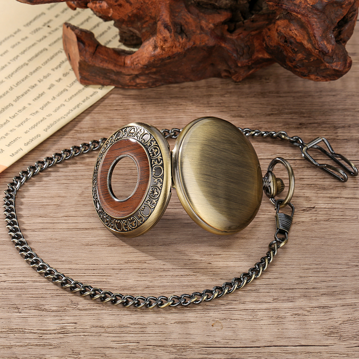 Antique Red Wood Bronze Pocket Watch - Half Hunter Quartz Gift