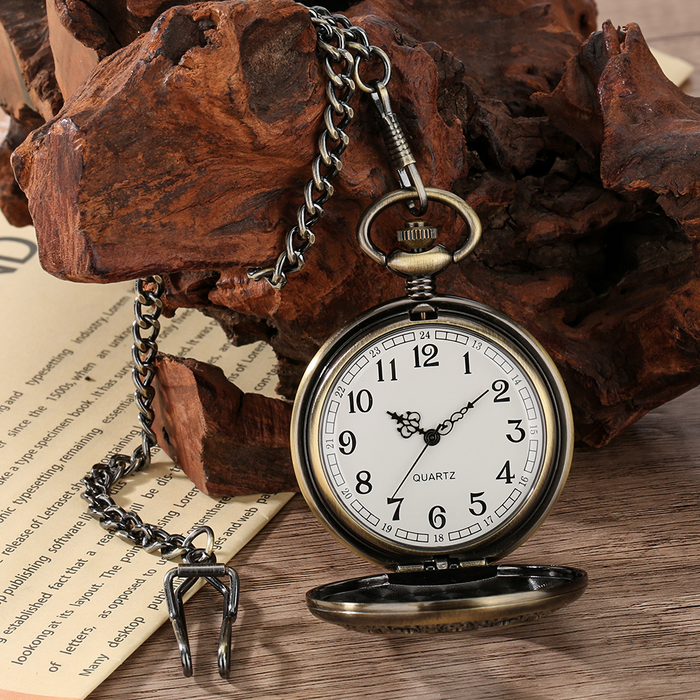 Antique Red Wood Bronze Pocket Watch - Half Hunter Quartz Gift