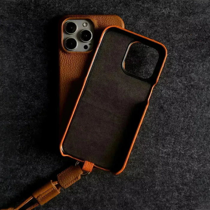 Minimalist Design Leather iPhone Case with Strap - Handmade