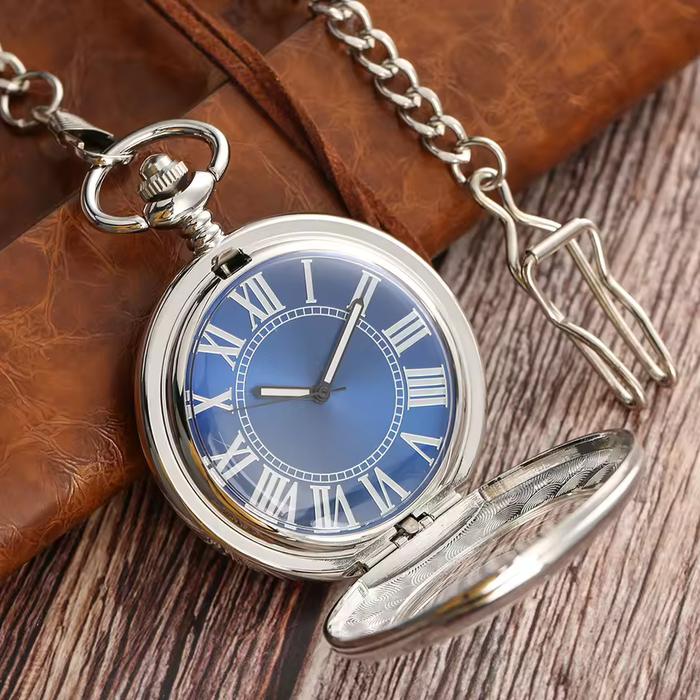 Silver Mechanical Pocket Watch Blue Dial - Roman Numerals Gift