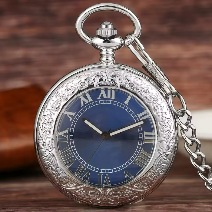 Silver Mechanical Pocket Watch Blue Dial - Roman Numerals Gift