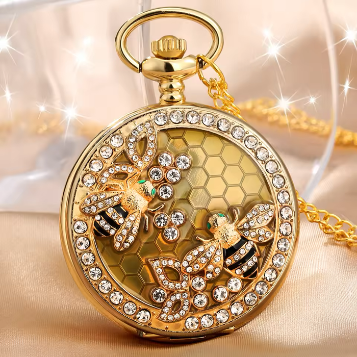 Golden Bee Pendant Pocket Watch - Rhinestone Quartz Necklace Gift