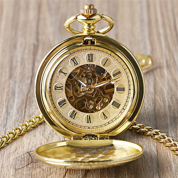 Gold Double Hunter Pocket Watch - Roman Numerals Hand Wind Luxury