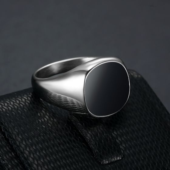 Silver Onyx Stone Signet Ring Titanium Steel