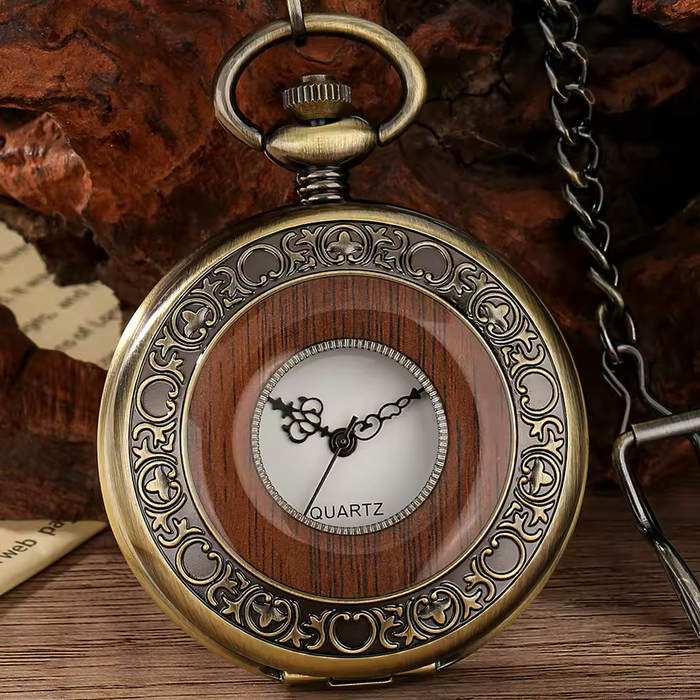Antique Red Wood Bronze Pocket Watch - Half Hunter Quartz Gift