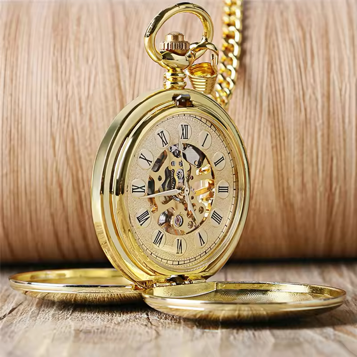 Gold Double Hunter Pocket Watch - Roman Numerals Hand Wind Luxury
