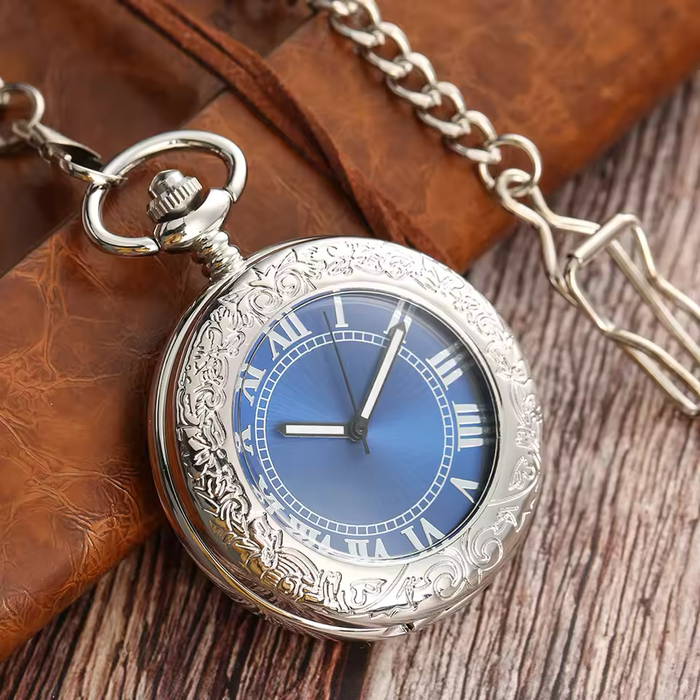 Silver Mechanical Pocket Watch Blue Dial - Roman Numerals Gift