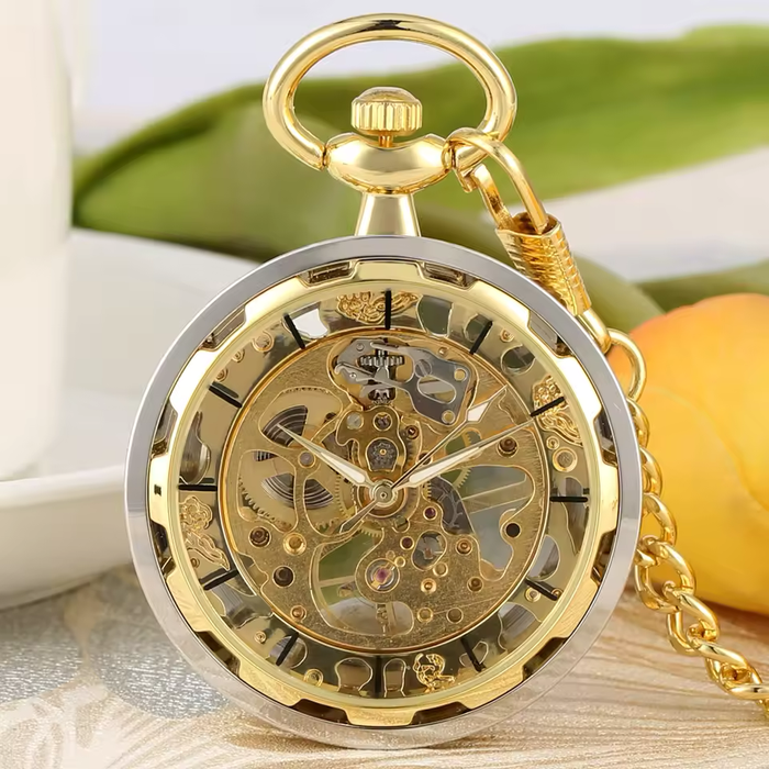 Silver Gold Steampunk Pocket Watch - Hollow Mechanical Hand Wind