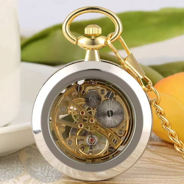 Silver Gold Steampunk Pocket Watch - Hollow Mechanical Hand Wind