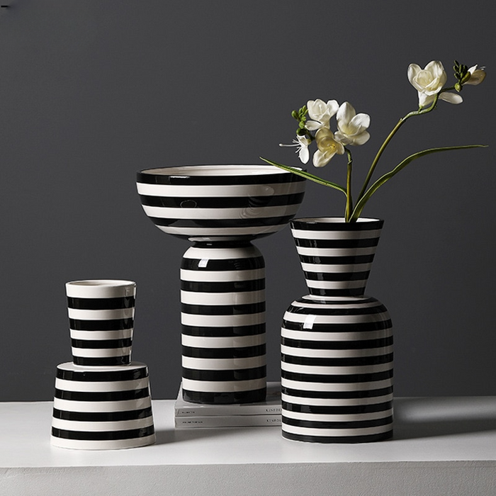 Classic Black and White Striped Ceramic Vase