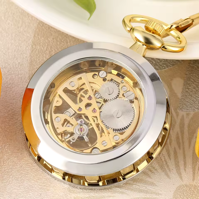 Silver Gold Steampunk Pocket Watch - Hollow Mechanical Hand Wind