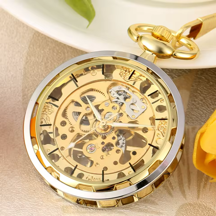 Silver Gold Steampunk Pocket Watch - Hollow Mechanical Hand Wind