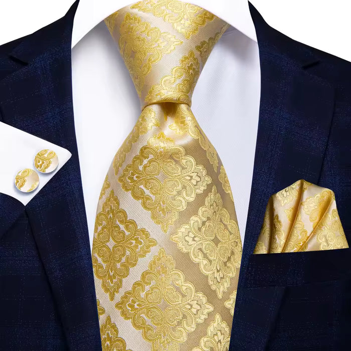 Elegant Gold Yellow Floral Silk Tie for Men