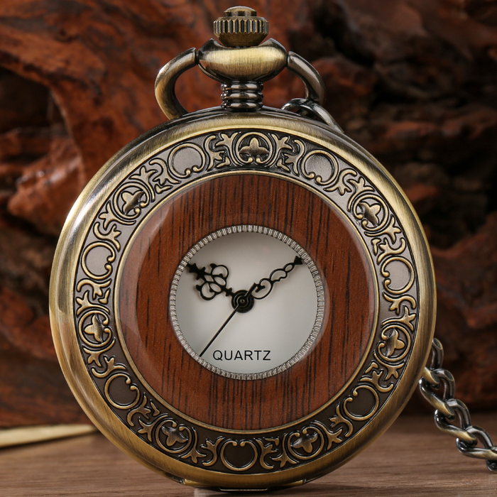 Antique Red Wood Bronze Pocket Watch - Half Hunter Quartz Gift