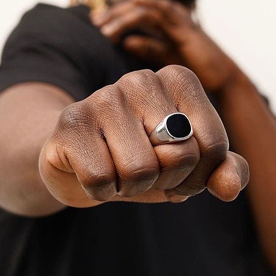 Silver Onyx Stone Signet Ring Titanium Steel