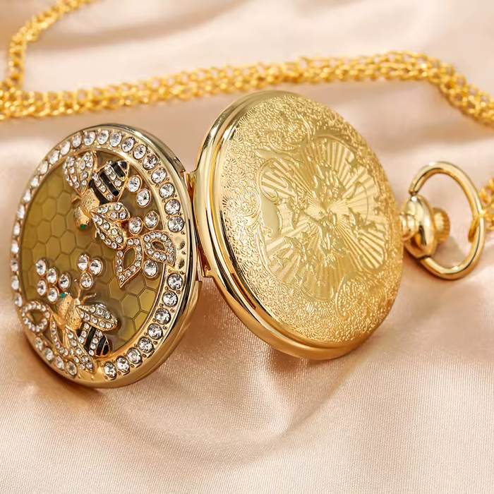 Golden Bee Pendant Pocket Watch - Rhinestone Quartz Necklace Gift
